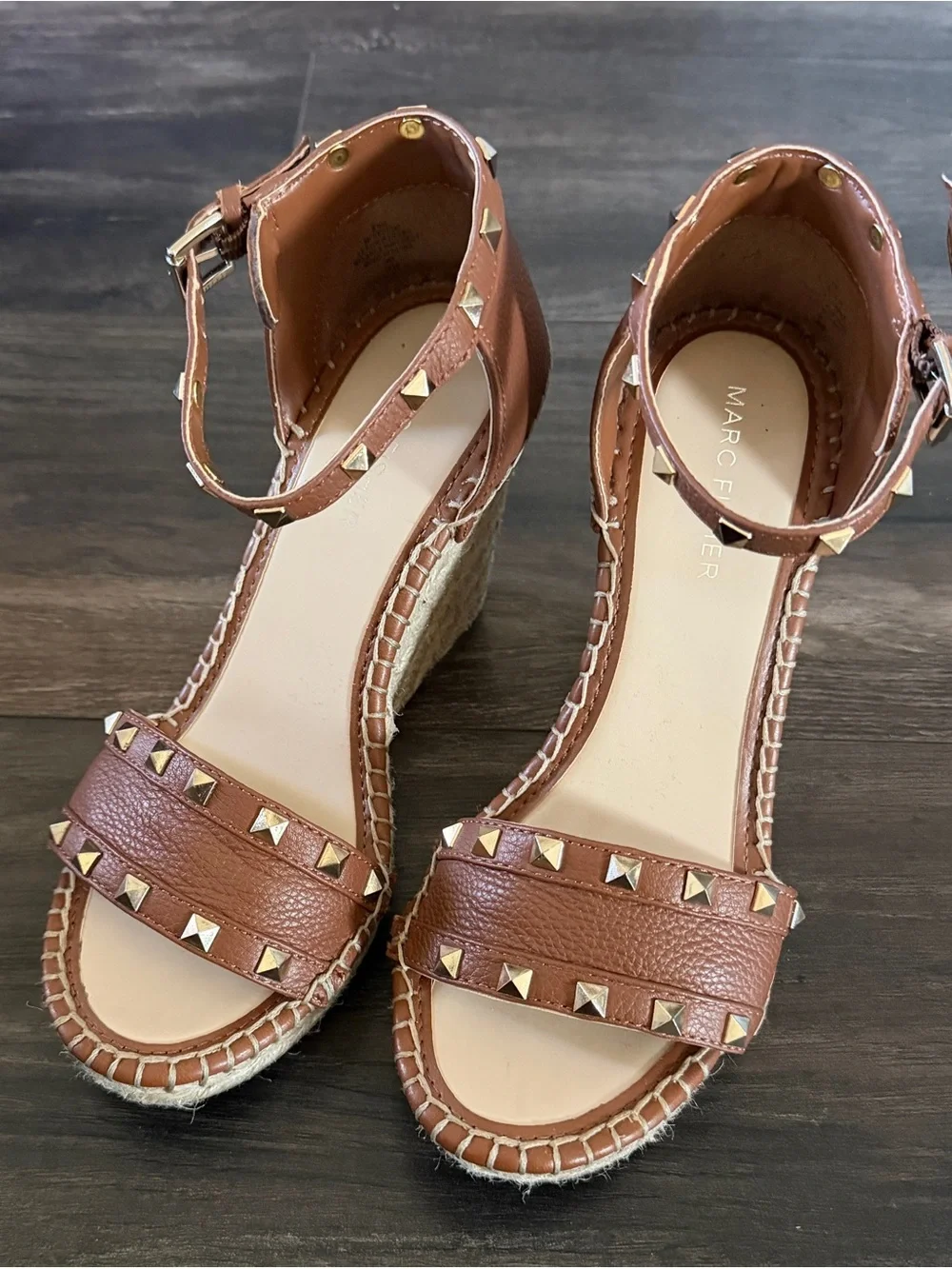 Marc Fisher Brown Leather Studded Espadrille Wedges Sandal